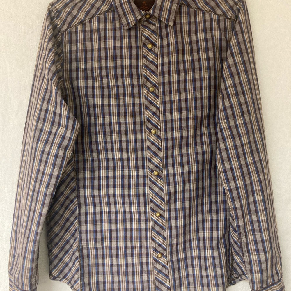 Prana Men’s Casual Button Down Shirt Slim Fit Breathe Pearl Snap Brown